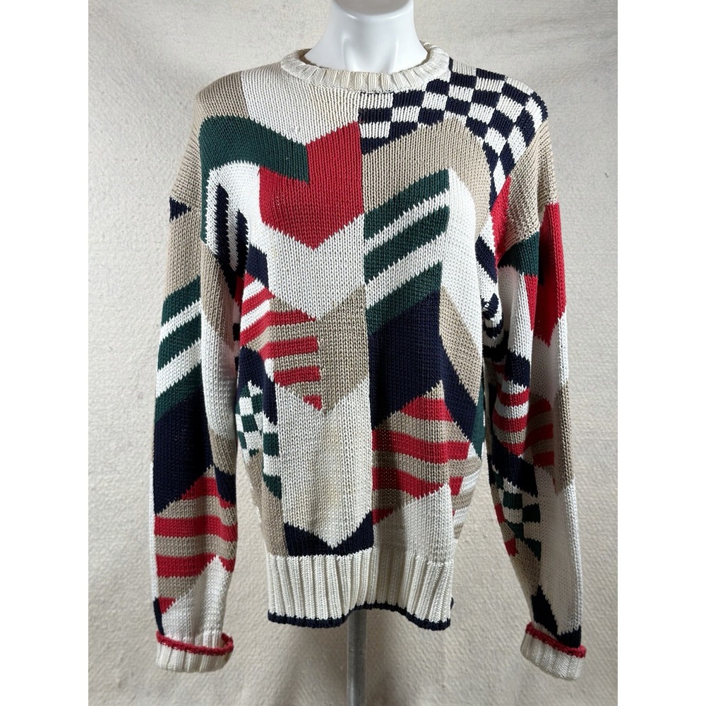 Vintage Boston Traders Mens M Cotton Sweater Geometric Retro Grunge Stained